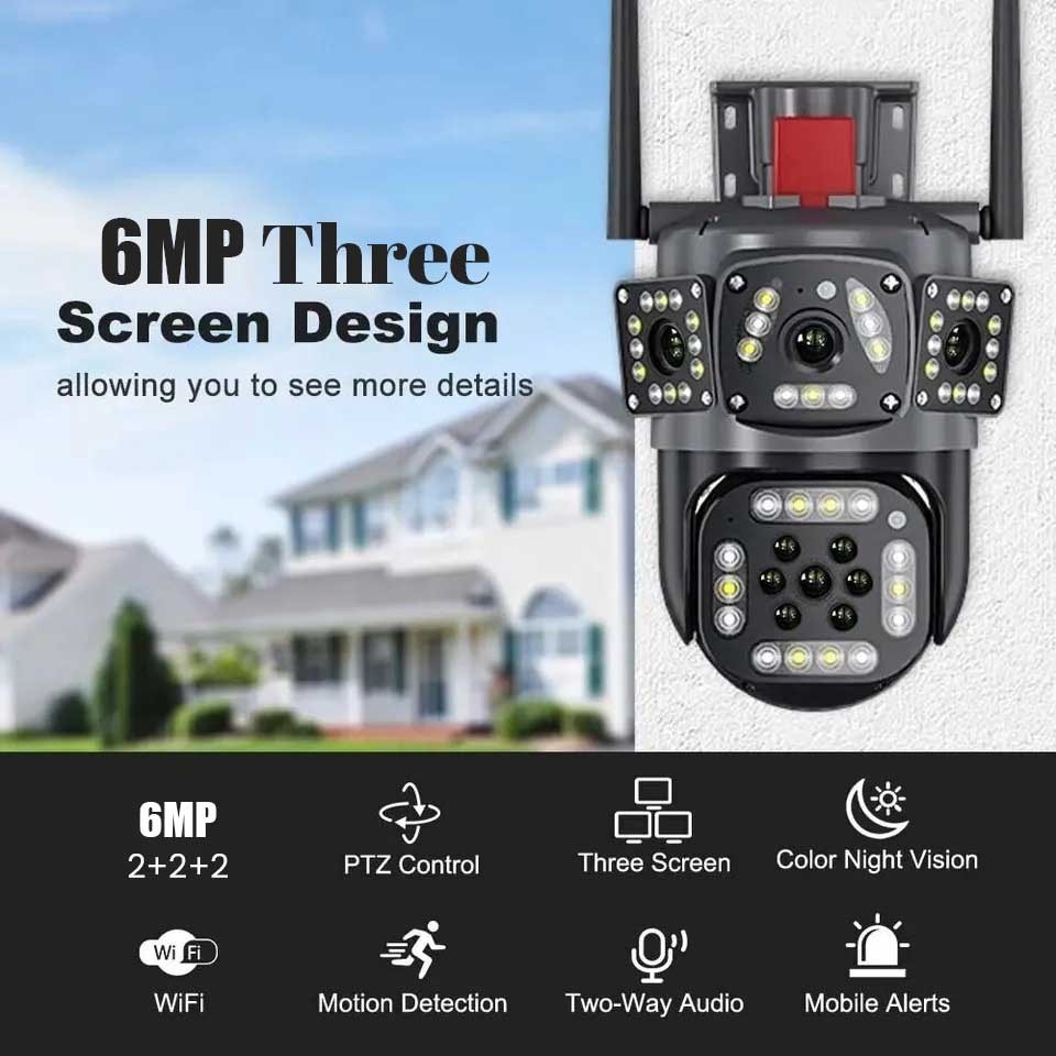 Ptz Wifi Outdoor Security 3 Camera Lens, 3 Screen, Color Night Vision Auto Tracking, Waterproof, (2+2+2) 6mp